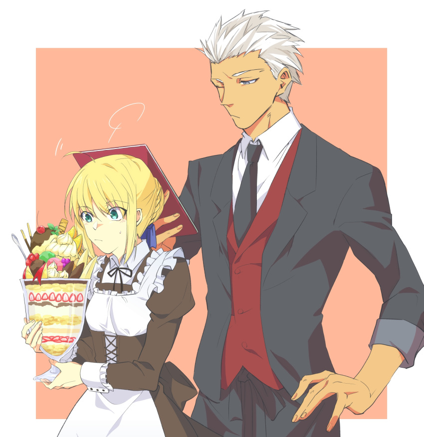 1boy 1girl apron archer_(fate) artoria_pendragon_(fate) black_jacket black_necktie black_shirt blonde_hair blue_ribbon border braid closed_mouth collared_shirt fate/stay_night fate_(series) frown green_eyes grey_eyes hair_ribbon hand_on_hip highres holding jacket long_sleeves maid neck_ribbon necktie open_clothes open_jacket outside_border red_vest ribbon saber shirt short_hair sketch spiky_hair sweatdrop underbust vest vvv1356_ygo white_apron white_border white_hair white_ribbon white_shirt wing_collar