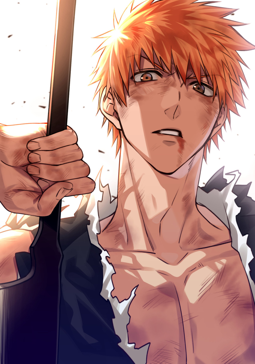 1boy absurdres bleach blood blood_on_face brown_eyes collarbone highres holding holding_sword holding_weapon kurosaki_ichigo looking_at_viewer male_focus mochiko_(tvygbntl) orange_hair pectorals short_hair solo spiky_hair sword upper_body weapon white_background