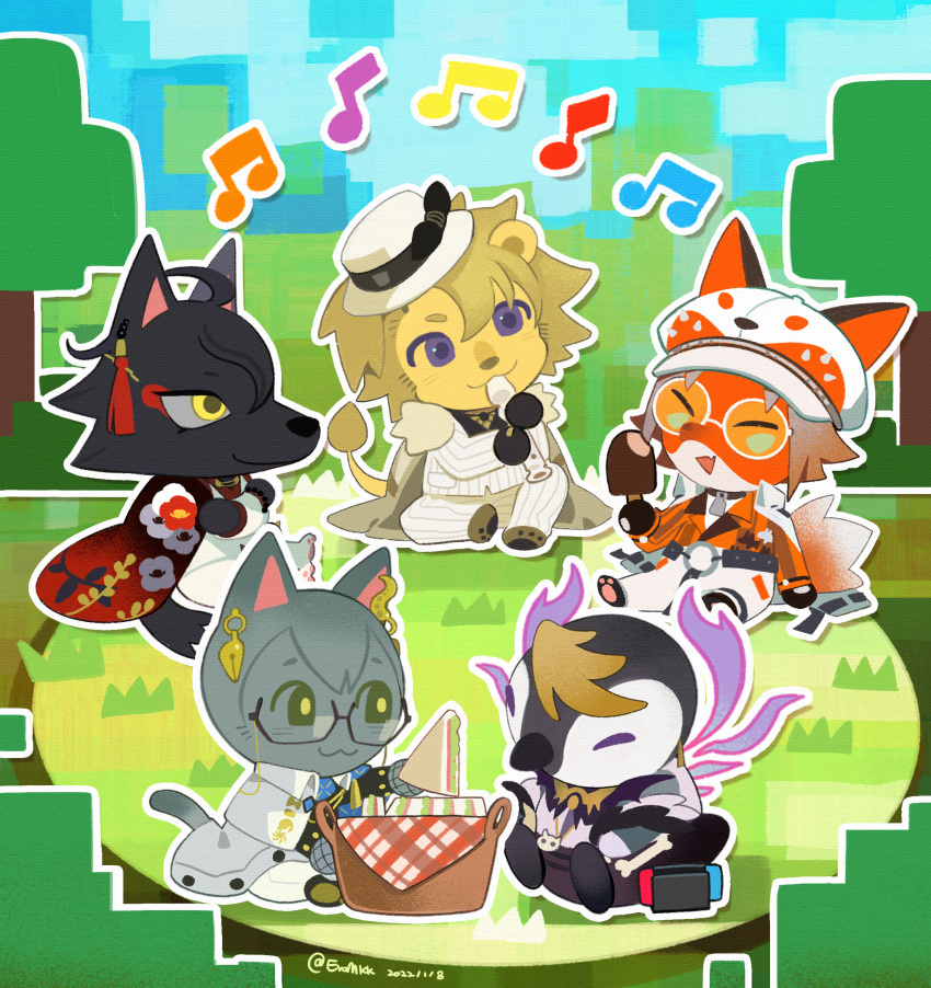 5boys :3 ^_^ ^o^ ahoge animal_crossing animal_ears belt black_gloves blonde_hair blue_eyes bone brown_hair buttons cat_ears cat_tail chinese_commentary closed_eyes coat commentary_request crossover dated earrings eromkk eyeshadow flute food fox_ears fox_tail full_body furrification furry furry_male glasses gloves green_eyes grey_coat highres holding holding_food holding_instrument ice_cream ike_eveland instrument jacket jewelry lion_ears lion_tail looking_at_another luca_kaneshiro luxiem makeup male_focus multiple_boys music musical_note mysta_rias nijisanji nijisanji_en no_sclera o-ring_belt on_grass open_mouth outdoors outline pants picnic_basket playing_instrument red_eyeshadow sandwich semi-rimless_eyewear short_hair shu_yamino signature sitting smile striped striped_jacket striped_pants tail tassel tassel_earrings tree twitter_username under-rim_eyewear virtual_youtuber vox_akuma white_jacket white_outline white_pants yellow_eyes