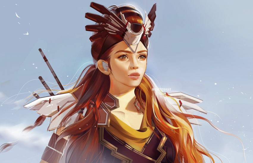 1girl absurdres aloy_(horizon) armor arrow_(projectile) bow_(weapon) brown_eyes earpiece headgear highres horizon_forbidden_west horizon_zero_dawn lips long_hair mahoushani redhead shoulder_armor solo tribal weapon