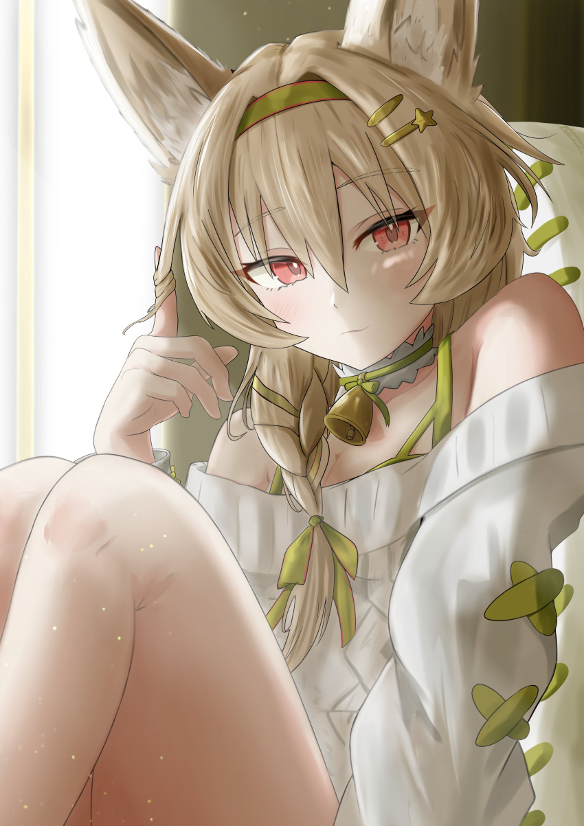 1girl absurdres arknights beanstalk_(arknights) beanstalk_(gift_uncompleted)_(arknights) bell braid cropped_sweater green_eyes green_hair green_hairband hair_twirling hairband highres hihichamama hyena_ears hyena_girl knee_up neck_bell neck_garter off-shoulder_sweater off_shoulder official_alternate_costume single_braid striped striped_hairband sweater white_sweater