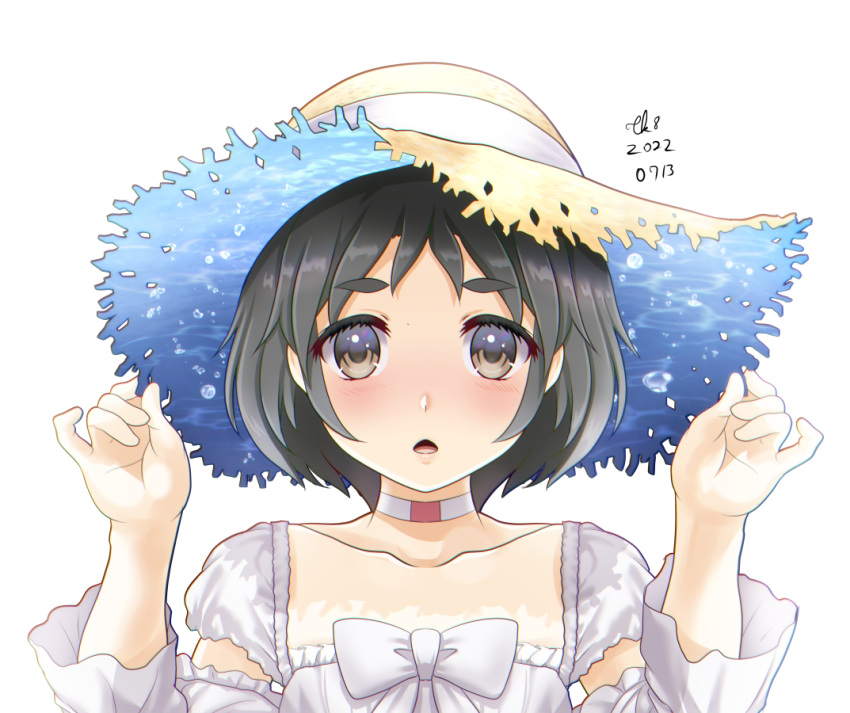1girl artist_name black_eyes black_hair blush collarbone dated dress hat kantai_collection long_sleeves maru-yu_(kancolle) open_mouth portrait short_hair signature simple_background solo sun_hat tk8d32 white_background white_dress
