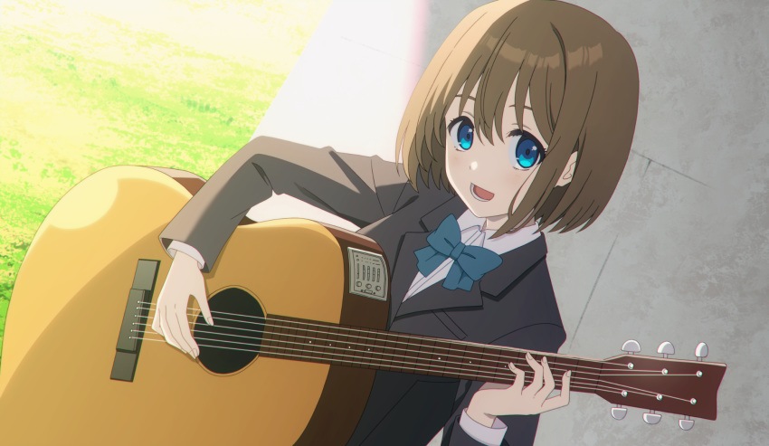 1girl :d black_jacket blazer blue_bow blue_bowtie blue_eyes bow bowtie brown_hair collared_shirt dutch_angle extreme_hearts guitar hayama_hiori highres ikawa_waki instrument jacket looking_at_viewer music official_art playing_instrument promotional_art school_uniform shirt short_hair smile solo white_shirt