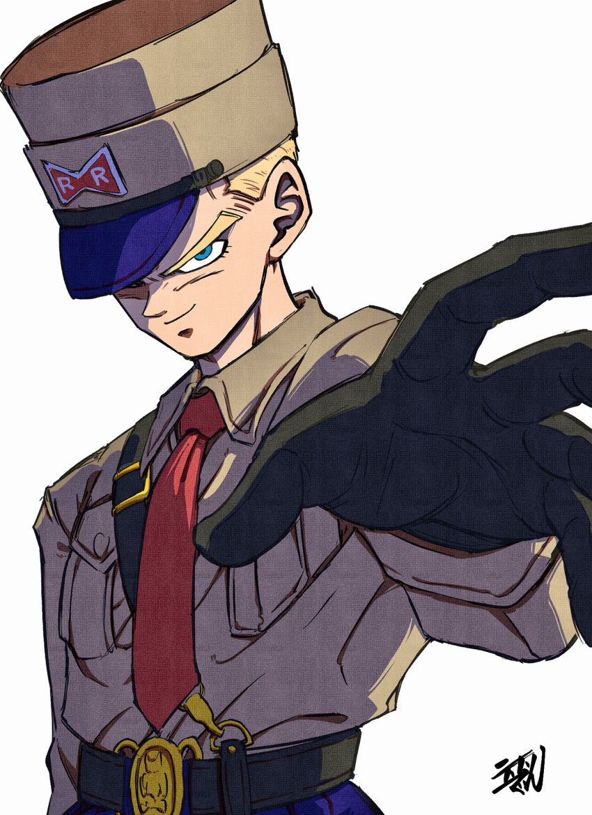1boy absurdres blonde_hair blue_(dragon_ball) blue_eyes commentary_request dragon_ball dragon_ball_(classic) gloves hat highres liedein long_sleeves looking_at_viewer male_focus military military_hat military_uniform necktie outstretched_arm outstretched_hand pov reaching reaching_out red_necktie red_ribbon_army simple_background smile solo uniform