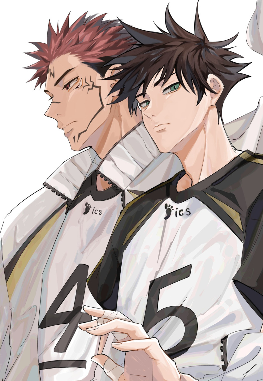 2boys bandaged_fingers bandages bangs black_hair closed_mouth commentary_request cosplay extra_eyes facial_tattoo fushiguro_megumi green_eyes haikyuu!! hand_up highres jacket jersey jujutsu_kaisen looking_at_viewer looking_to_the_side male_focus multiple_boys pink_hair red_eyes ryoumen_sukuna_(jujutsu_kaisen) short_hair short_sleeves simple_background somwang_07 spiky_hair sportswear tattoo track_jacket undercut upper_body volleyball_uniform white_background zipper
