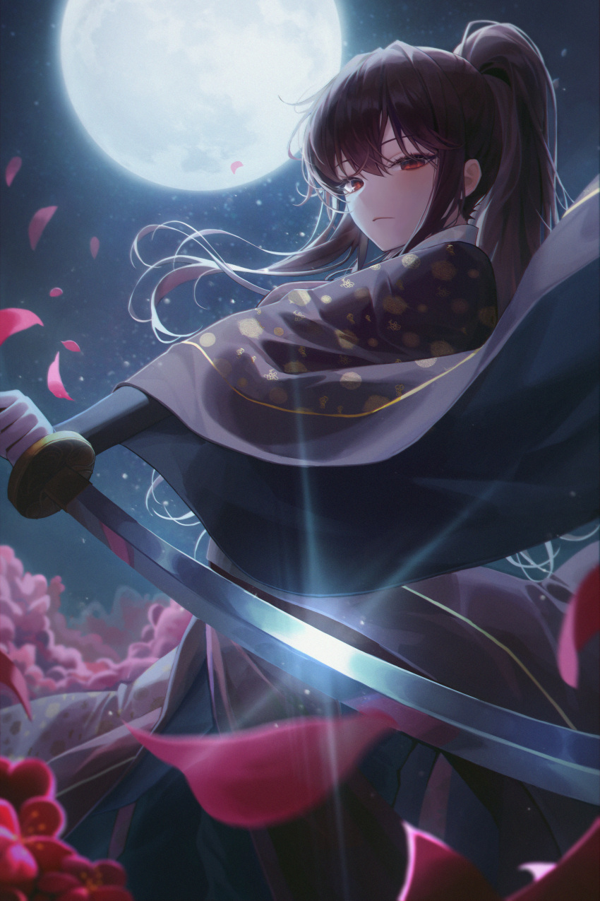 1girl absurdres bangs falling_petals flower glint highres holding holding_sword holding_weapon japanese_clothes katana kimono long_hair long_sleeves looking_at_viewer meoyo moon night night_sky novel_illustration official_art original petals ponytail red_eyes red_flower redhead reverse_grip sidelocks sky solo sword weapon wide_sleeves wind