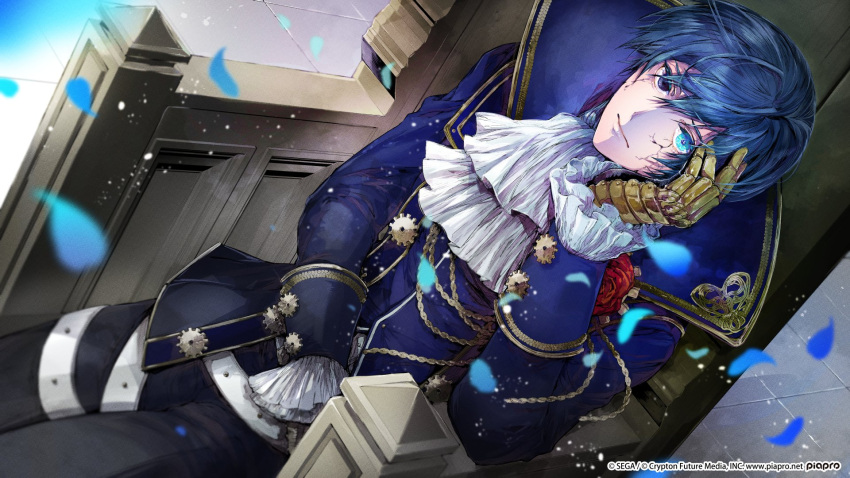1boy aiguillette ascot black_pants blue_eyes blue_hair blue_jacket boutonniere closed_mouth collared_cape copyright cowboy_shot cracked_skin expressionless falling_petals flower frilled_shirt frills gears hair_between_eyes hand_on_own_face head_rest heterochromia highres jacket kaito_(vocaloid) looking_at_viewer male_focus mechanical_arms pants petals project_diva_(series) red_flower red_rose rose shirt short_hair single_mechanical_arm sitting solo supportasse thigh_strap throne umu_(um) vocaloid white_ascot white_shirt