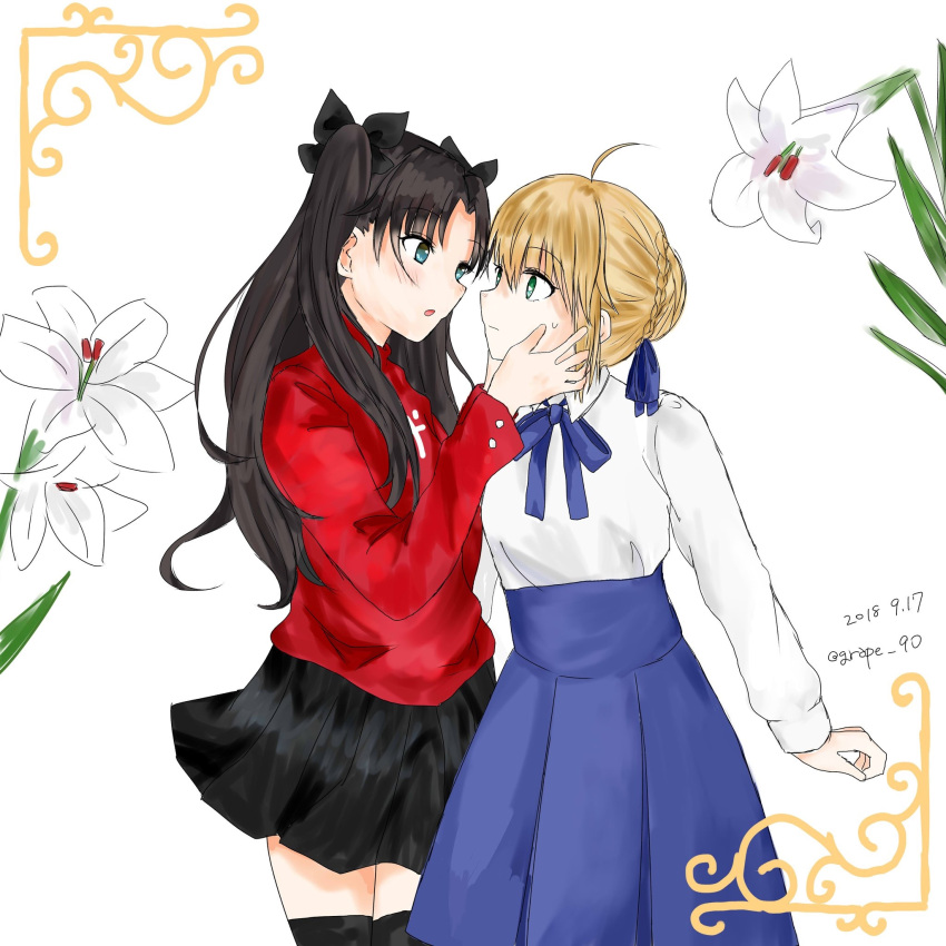 2girls ahoge artoria_pendragon_(fate) black_hair black_skirt black_thighhighs blonde_hair blue_eyes blue_ribbon blue_skirt closed_mouth commentary_request dated eye_contact face-to-face fate/stay_night fate_(series) flower grape_90 green_eyes hair_ribbon hands_on_another's_cheeks hands_on_another's_face highres lily_(flower) long_hair long_sleeves looking_at_another multiple_girls open_mouth red_shirt ribbon saber shirt sketch skirt sweat thigh-highs tohsaka_rin twitter_username two_side_up white_background white_shirt yuri