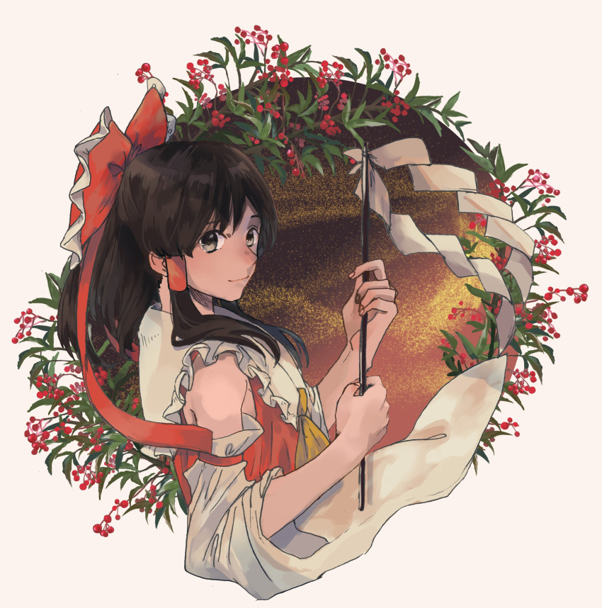 1girl absurdres ascot bangs berry black_eyes black_hair bow collared_vest detached_sleeves frilled_bow frilled_shirt_collar frills from_side gohei hair_bow hair_tubes hakurei_reimu hawai-tari highres holding_gohei long_hair looking_at_viewer plant red_bow red_vest smile solo touhou upper_body vest white_sleeves yellow_ascot