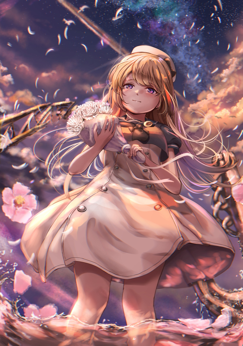 1girl blonde_hair blue_sailor_collar bouquet clouds dress evening flower hat highres holding holding_bouquet jervis_(kancolle) kantai_collection outdoors sabakuomoto sailor_collar sailor_dress sailor_hat smile solo standing violet_eyes wading white_dress white_flower white_headwear