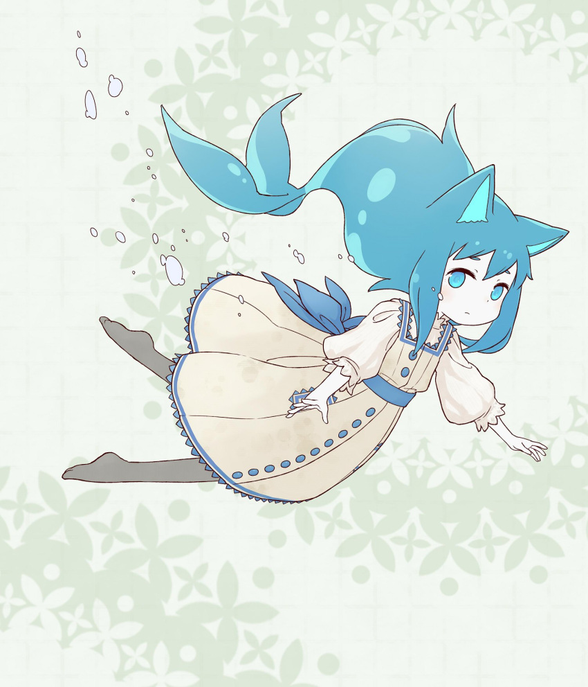 1girl animal_ears back_bow blue_bow blue_eyes blue_hair bow brown_dress bubble cat_ears closed_mouth colored_skin diode_(0_division) dress dress_bow fins floating floating_hair full_body green_background grey_pantyhose highres long_hair looking_at_viewer no_shoes original pantyhose puffy_short_sleeves puffy_sleeves short_eyebrows short_sleeves sidelocks solo white_skin