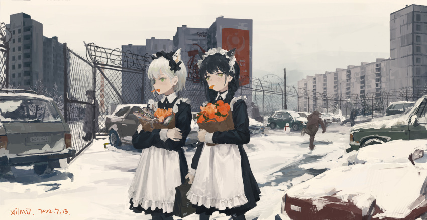 2girls 3boys animal_ears artist_name bag bangs black_hair blue_eyes braid briefcase building car cat_ears cat_girl coat commentary_request cowboy_shot dated eyebrows_hidden_by_hair fence fish grey_eyes grey_hair ground_vehicle hair_over_shoulder head highres holding holding_bag holding_briefcase long_sleeves looking_at_viewer maid maid_headdress motor_vehicle mouth_hold multiple_boys multiple_girls original outdoors overcast shopping_bag signature snow snowball snowball_fight snowman standing twin_braids twintails walking winter winter_clothes winter_coat xilmo