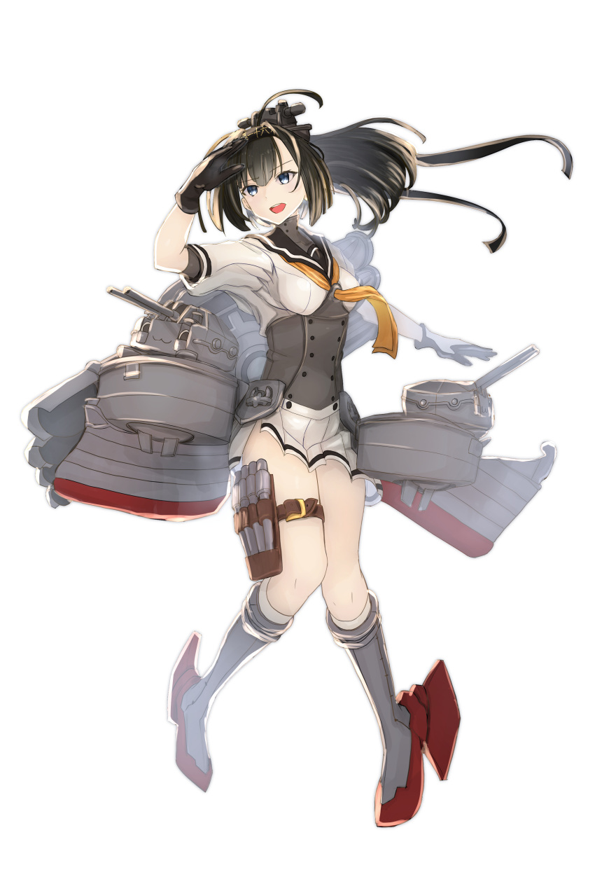 1girl absurdres ahoge akizuki_(kancolle) black_gloves black_hair black_headband blue_eyes boots breasts chou-10cm-hou-chan clothes_writing corset full_body gloves grey_footwear hachimaki headband highres kantai_collection mannjurenoir medium_hair miniskirt neckerchief pleated_skirt ponytail rigging rudder_footwear school_uniform serafuku short_sleeves skirt small_breasts thigh_strap two-tone_gloves white_gloves white_skirt yellow_neckerchief