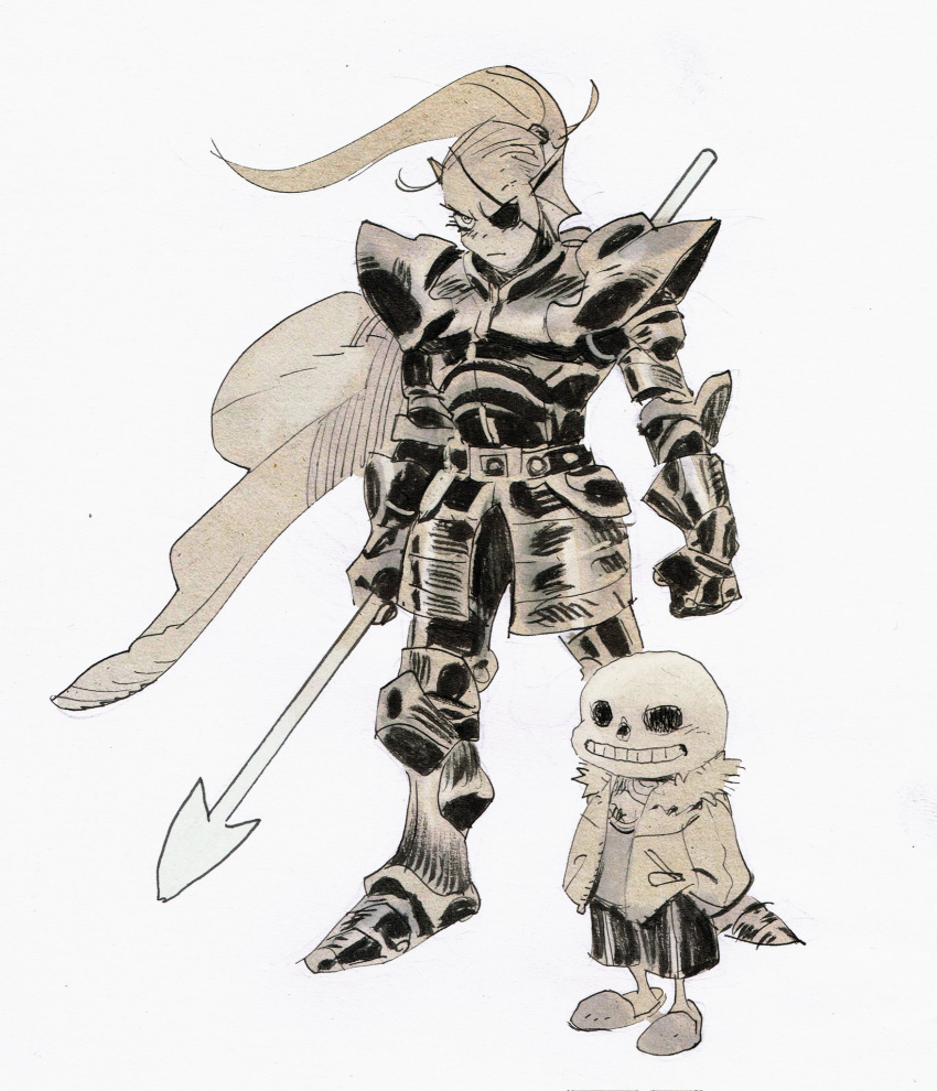1boy 1girl armor cape commentary energy_spear english_commentary eyepatch fins fish_girl frown full_body greyscale grin hands_in_pockets head_fins height_difference highres holding holding_polearm holding_weapon matias_bergara monochrome polearm ponytail sans_(undertale) skeleton slippers smile standing undertale undyne undyne_the_undying utdr_(toby_fox) v-shaped_eyebrows weapon
