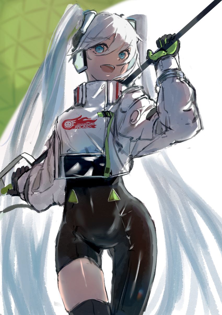 1girl :d absurdres bangs banner black_bodysuit black_gloves blue_eyes bodysuit cowboy_shot cropped_jacket floating_hair gloves green_gloves hair_between_eyes hatsune_miku highres holding jacket long_hair long_sleeves open_clothes open_jacket open_mouth potetoneko racing_miku racing_miku_(2022) shiny shiny_skin sketch smile solo standing thigh_gap twintails two-tone_gloves very_long_hair vocaloid white_hair white_jacket