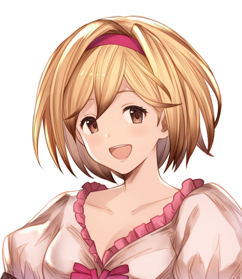 1girl absurdres annno_ans bangs blonde_hair blush bow breasts brown_hair collarbone commentary_request djeeta_(granblue_fantasy) frills granblue_fantasy hair_ornament hairband highres lips looking_at_viewer medium_breasts open_mouth puffy_sleeves shiny shiny_hair short_hair simple_background smile solo upper_body white_background