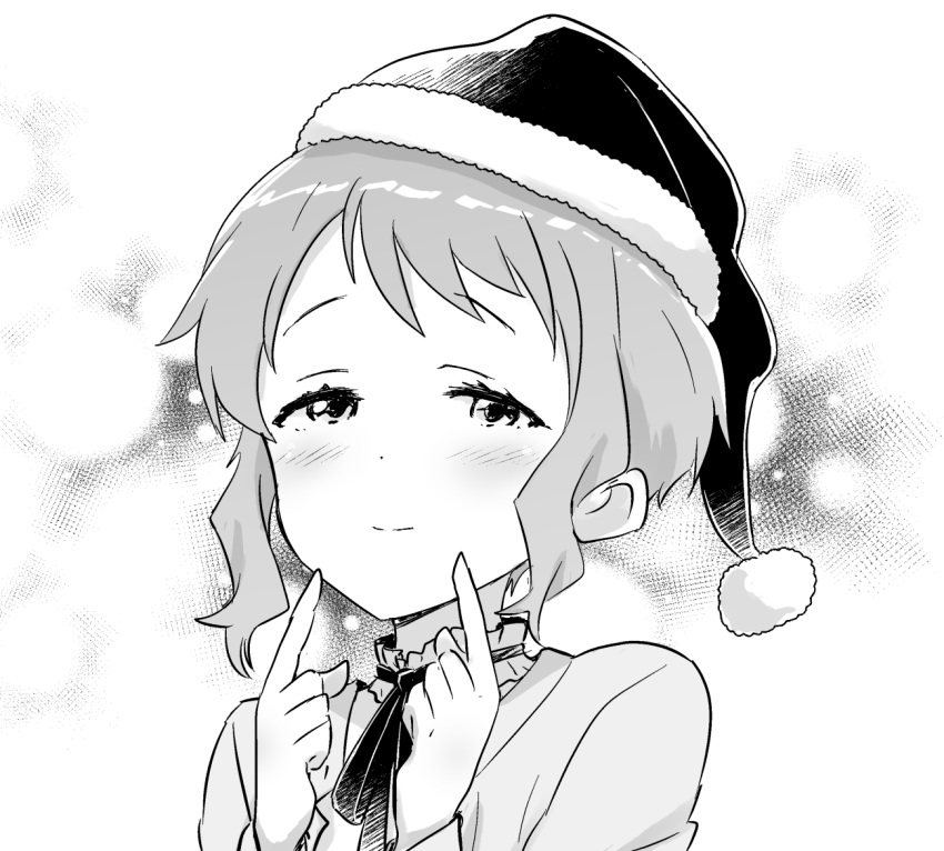 1girl bangs blush collar dot_nose english_commentary frilled_collar frills greyscale half-closed_eyes hands_up hat idolmaster idolmaster_million_live! index_fingers_raised light_smile looking_at_viewer makabe_mizuki minazuki_tooru monochrome neck_ribbon pointing pointing_at_self ribbon santa_hat short_hair sidelocks solo sweater upper_body white_background