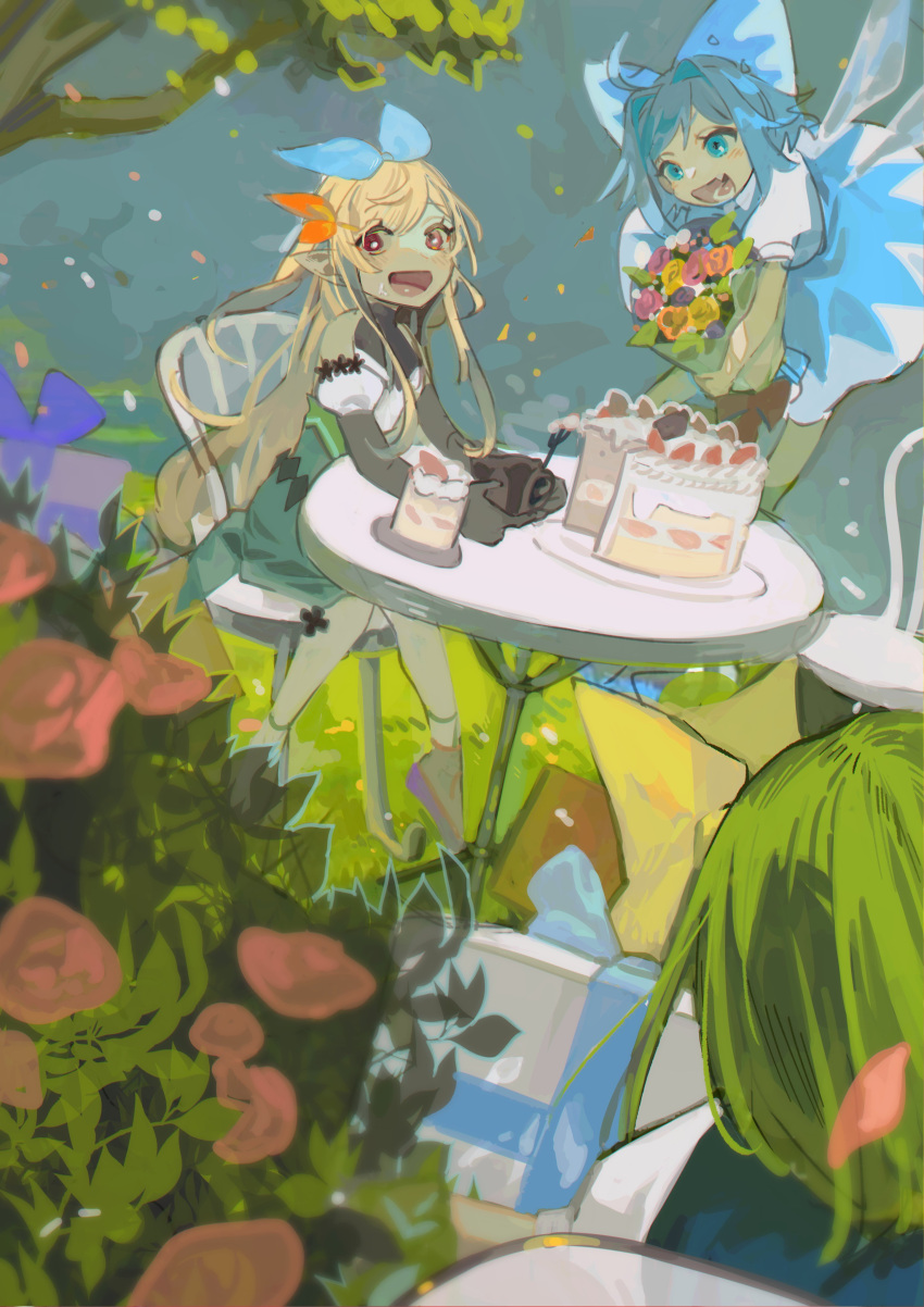 3girls absurdres black_footwear black_gloves black_halter_top blonde_hair blue_bow blue_dress blue_eyes blue_hair blue_vest bouquet bow butterfly_hair_ornament cake cake_slice chair cirno commission cup daiyousei detached_sleeves dress eating elbow_gloves fairy_wings flower flying food fork from_behind fruit gift gloves green_bow green_hair green_skirt hair_bow hair_ornament hair_ribbon high-waist_skirt high_heels highres holding holding_bouquet holding_cup holding_gift ice ice_wings long_hair mug multiple_girls nature nijisanji nijisanji_en open_mouth outdoors plate pointy_ears pomu_rainpuff puffy_short_sleeves puffy_sleeves red_eyes ribbon shi_chimi shirt shirt_tucked_in short_hair short_sleeves sitting skeb_commission skirt sleeveless sleeveless_shirt smile strawberry table touhou tree vest virtual_youtuber white_shirt white_sleeves wings yellow_bow yellow_ribbon