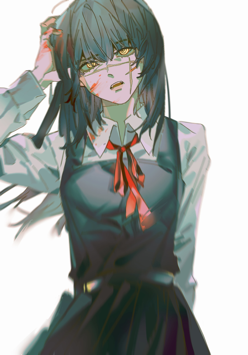 1girl arm_behind_back bangs belt black_dress black_hair blood blood_in_hair blood_on_clothes blood_on_face chainsaw_man chinese_commentary collared_shirt cowboy_shot dress hand_on_own_head highres long_hair looking_at_viewer looking_up mitaka_asa neck_ribbon open_mouth pinafore_dress qingbishanren red_ribbon ribbon ringed_eyes school_uniform scratching_head shirt simple_background solo standing war_devil_(chainsaw_man) white_background white_shirt yellow_eyes