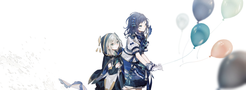 2girls aiba_uiha ars_almal balloon bangs blue_bow blue_bowtie blue_cape blue_dress blue_eyes blue_feathers blurry bow bowtie bracelet buttons cape depth_of_field detached_sleeves dress feathers frilled_sleeves frills gloves green_eyes hair_between_eyes hair_bow highres hood jewelry looking_ahead miis0r multiple_girls nijisanji puffy_short_sleeves puffy_sleeves shirt short_sleeves simple_background smile splashing standing white_background white_gloves white_hair white_shirt