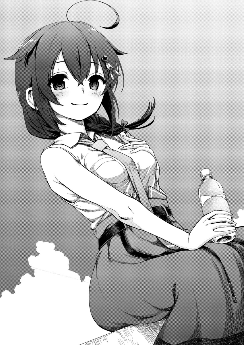1girl ahoge braid clouds dutch_angle feet_out_of_frame gouta_(nagishiro6624) greyscale hair_flaps hair_ornament hair_over_shoulder highres kantai_collection long_hair looking_at_viewer monochrome necktie official_alternate_costume pants shigure_(kancolle) shigure_kai_ni_(kancolle) shirt single_braid sitting sky sleeveless sleeveless_shirt smile solo