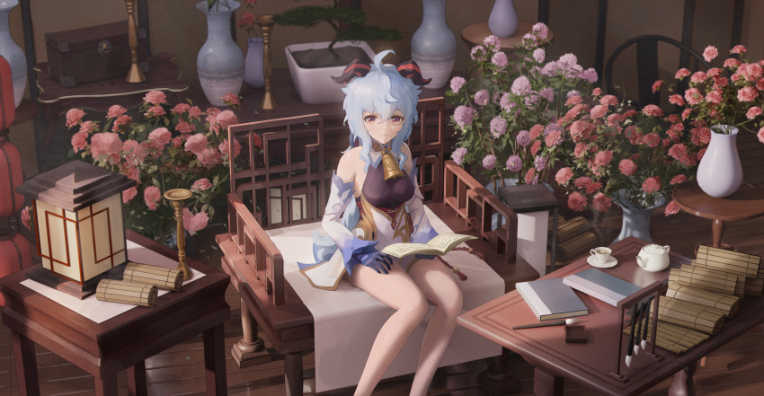 1girl absurdres ahoge architecture bangs bare_legs bare_shoulders bell black_gloves blue_hair book breasts brush cup detached_sleeves east_asian_architecture flower ganyu_(genshin_impact) genshin_impact gloves gold_trim highres holding holding_book horns lantern light_smile ling_dianxia long_hair looking_at_viewer medium_breasts neck_bell no_legwear purple_flower red_flower sidelocks sitting solo tassel thighs vase violet_eyes white_sleeves