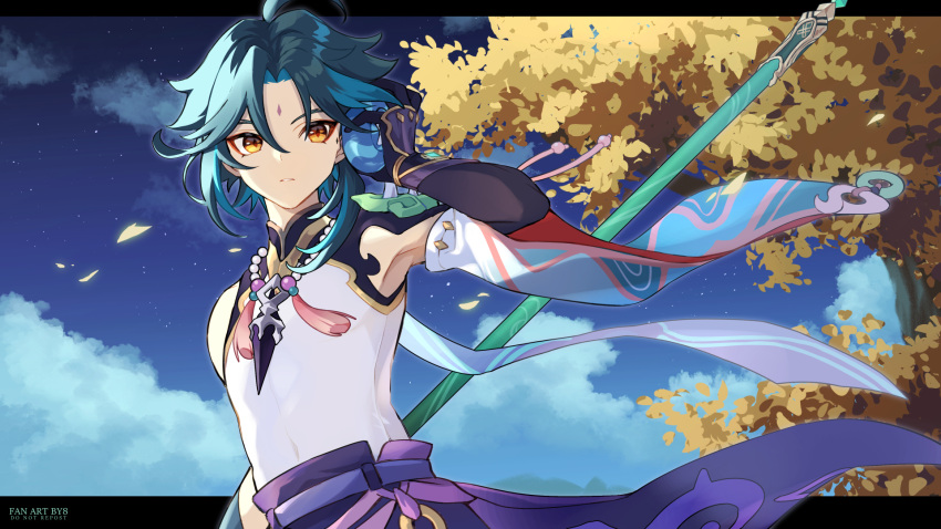 1boy 8_(e_uu88) bead_necklace beads black_gloves black_hair blue_hair clouds commentary_request genshin_impact gloves hair_between_eyes highres jewelry male_focus multicolored_hair necklace night orange_eyes outdoors part polearm primordial_jade_winged-spear_(genshin_impact) seashell shell shell_to_ear sky solo star_(sky) tassel tree upper_body vision_(genshin_impact) weapon xiao_(genshin_impact)