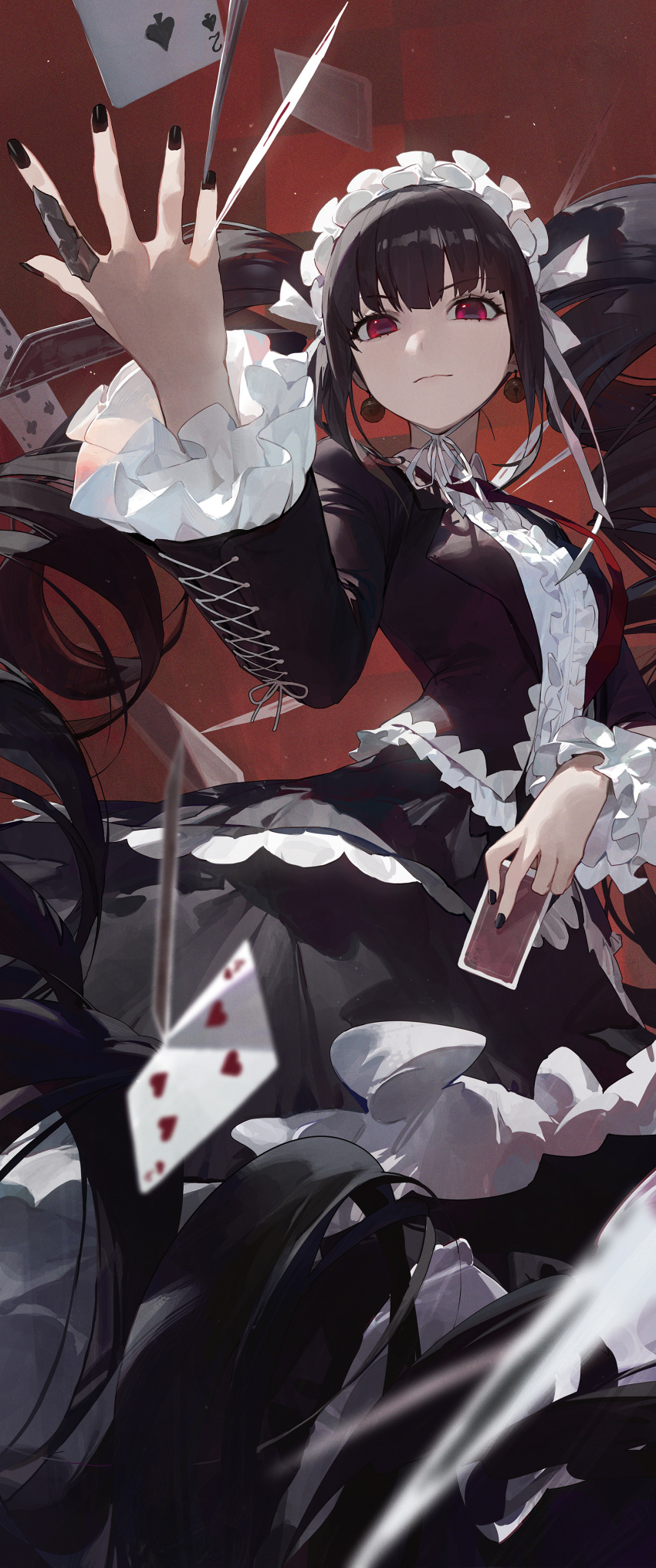 1girl absurdly_long_hair absurdres arm_up bangs bell black_hair black_jacket black_nails black_skirt blurry blurry_foreground bonnet card celestia_ludenberg checkered_background claw_ring closed_mouth cowboy_shot danganronpa:_trigger_happy_havoc danganronpa_(series) drill_hair earrings frilled_shirt frilled_skirt frilled_sleeves frills gothic_lolita highres holding holding_card jacket jewelry jingle_bell jingle_bell_earrings lapels lolita_fashion long_hair long_sleeves looking_at_viewer modare nail_polish necktie notched_lapels open_clothes open_hand open_jacket playing_card red_background red_eyes red_necktie shirt skirt sleeves_past_elbows smile solo standing twin_drills twintails very_long_hair white_shirt