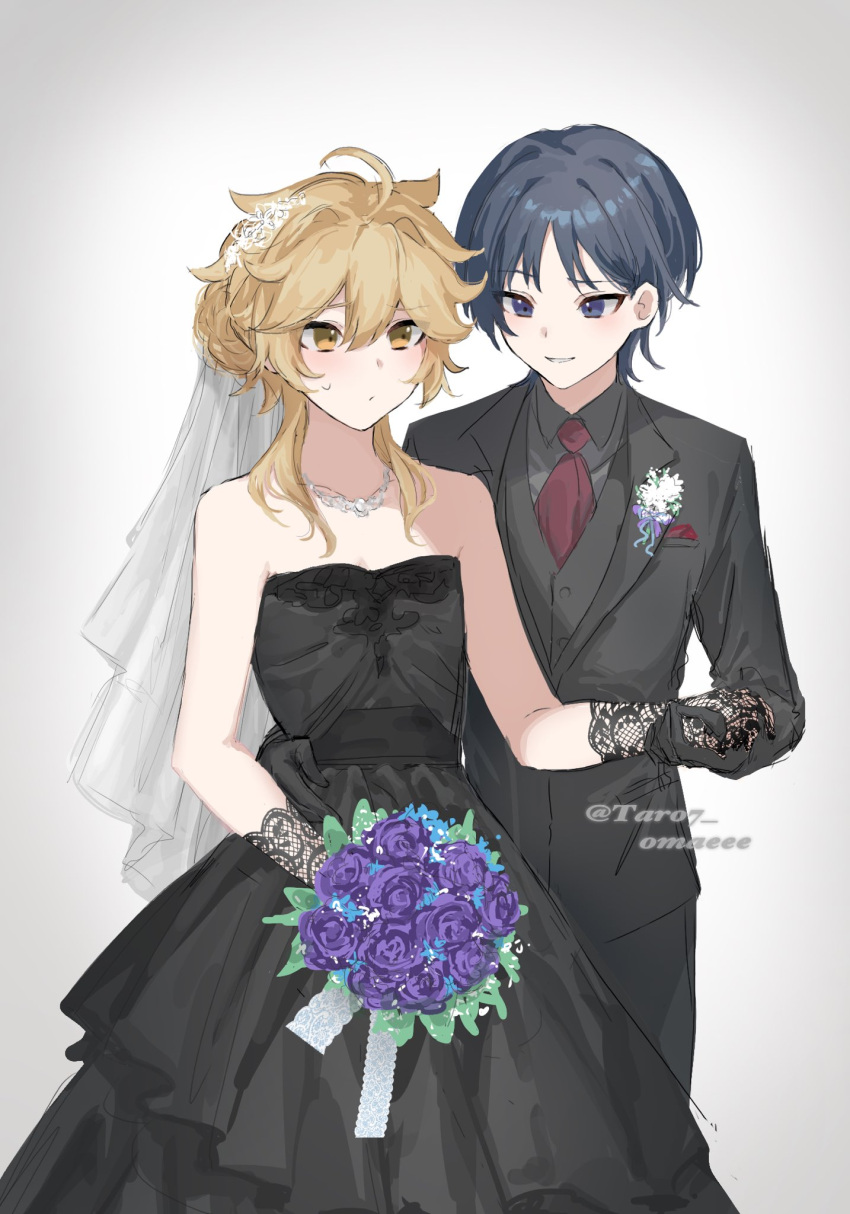 2boys :t aether_(genshin_impact) ahoge alternate_costume bare_shoulders bishounen black_dress black_gloves black_suit blonde_hair bouquet bridal_veil dress eyeliner flower formal genshin_impact gloves hair_between_eyes hair_bun highres holding holding_bouquet jewelry lace lace_gloves long_hair long_sleeves looking_at_another makeup multiple_boys necklace necktie off-shoulder_shirt off_shoulder purple_flower purple_hair purple_rose red_necktie rose scaramouche_(genshin_impact) shirt short_hair single_hair_bun suit sweatdrop taro7_omaeee veil violet_eyes wedding_dress