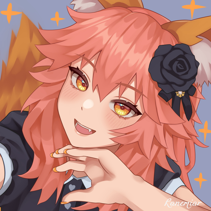 1girl absurdres alternate_costume animal_ear_fluff animal_ears artist_request black_flower black_ribbon black_rose blush fang fate/extra fate/grand_order fate_(series) flower fox_ears fox_girl fox_tail hair_flower hair_ornament hair_ribbon highres looking_at_viewer nail_polish open_mouth orange_nails pink_hair ribbon rose solo sparkle tail tamamo_(fate) tamamo_no_mae_(fate/extra) yellow_eyes