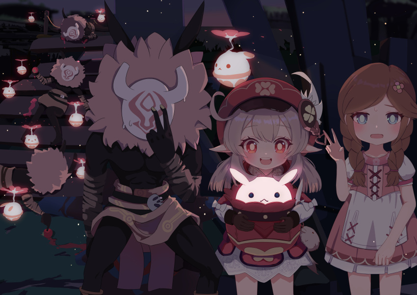 2girls 4others :d absurdres asahiv backpack bag bag_charm bangs blue_eyes braid brown_hair cabbie_hat charm_(object) coat commentary_request dodoco_(genshin_impact) dress ella_musk genshin_impact glowing hair_between_eyes hair_ornament hat hat_feather hat_ornament highres hilichurl_(genshin_impact) jumpy_dumpty klee_(genshin_impact) light_brown_hair long_hair long_sleeves looking_at_viewer low_twintails multiple_girls multiple_others night night_sky parted_bangs pinafore_dress pointy_ears randoseru red_coat red_eyes red_headwear sidelocks sky smile star_(sky) starry_sky sweatdrop tomato twin_braids twintails two_side_up v