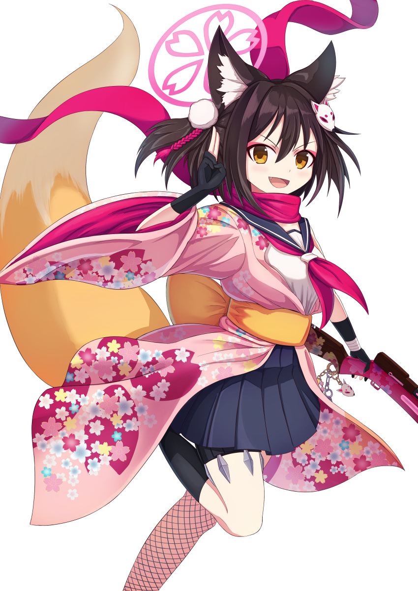 1girl absurdres animal_ears artist_request blue_archive blush breasts brown_hair fox_ears fox_girl gloves gun hair_ornament happy highres izuna_(blue_archive) japanese_clothes looking_at_viewer medium_breasts school_uniform shirt sleeveless sleeveless_shirt smile solo weapon