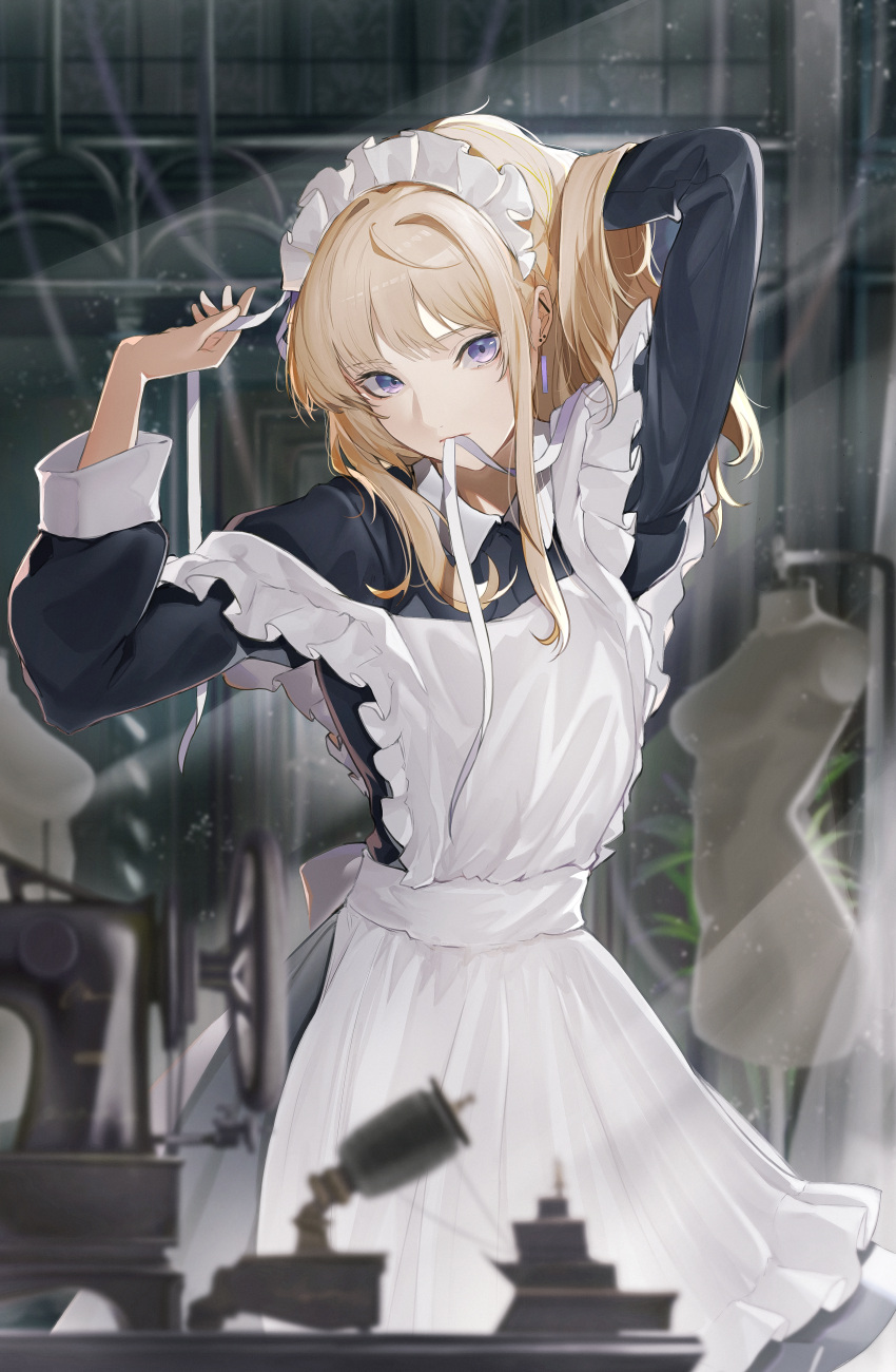 1girl absurdres apron arms_up bangs black_dress blonde_hair blue_eyes blurry blurry_foreground closed_mouth commentary cowboy_shot depth_of_field dress ear_piercing highres indoors light_particles light_rays long_hair long_sleeves looking_at_viewer maid maid_headdress mannequin marumoru mouth_hold original piercing sewing_machine solo standing sunlight tying_hair white_apron