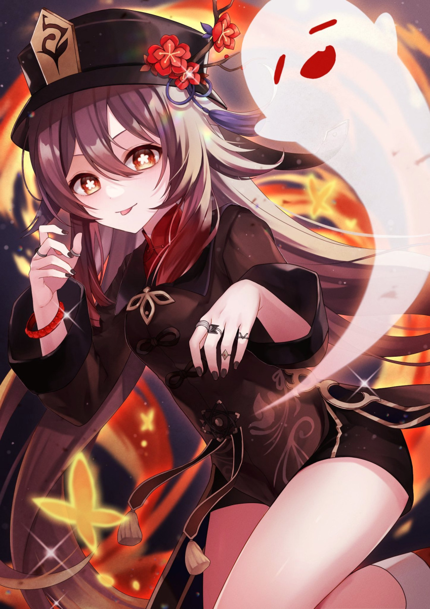 1girl black_nails black_shorts brown_hair bug butterfly chinese_clothes flower flower-shaped_pupils genshin_impact ghost hair_between_eyes hat hat_ornament highres hu_tao_(genshin_impact) jewelry long_hair long_sleeves looking_at_viewer multiple_rings ougi_(u_to4410) plum_blossoms porkpie_hat red_eyes red_shirt ring shirt shorts sidelocks symbol-shaped_pupils thighs tongue tongue_out