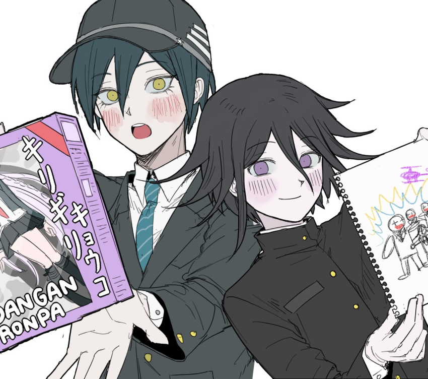 2boys bangs black_headwear black_jacket blush brown_eyes buttons closed_mouth danganronpa:_trigger_happy_havoc danganronpa_(series) danganronpa_v3:_killing_harmony grey_background hair_between_eyes holding holding_paper jacket kirigiri_kyouko long_sleeves male_focus multiple_boys necktie o_m3c official_alternate_costume open_mouth ouma_kokichi paper saihara_shuuichi short_hair simple_background smile spot_color striped_necktie teeth upper_body upper_teeth violet_eyes