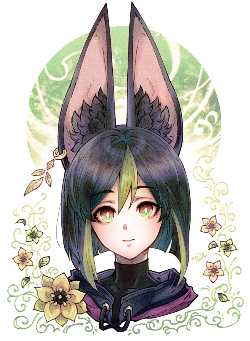 1boy animal_ear_fluff animal_ears black_hair blunt_ends fennec_fox fox_boy fox_ears genshin_impact green_eyes green_hair highres leki_ixion looking_at_viewer male_focus multicolored_eyes multicolored_hair short_hair solo streaked_hair tighnari_(genshin_impact)