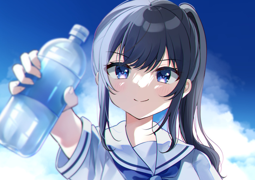 &gt;:) 1girl bangs black_hair blue_eyes blue_sky blurry blurry_foreground blush bottle closed_mouth clouds cloudy_sky commentary_request day depth_of_field hair_between_eyes holding holding_bottle long_hair minami_saki original outdoors ponytail sailor_collar school_uniform serafuku shirt short_sleeves sidelocks sky smile solo v-shaped_eyebrows water_bottle white_sailor_collar white_shirt