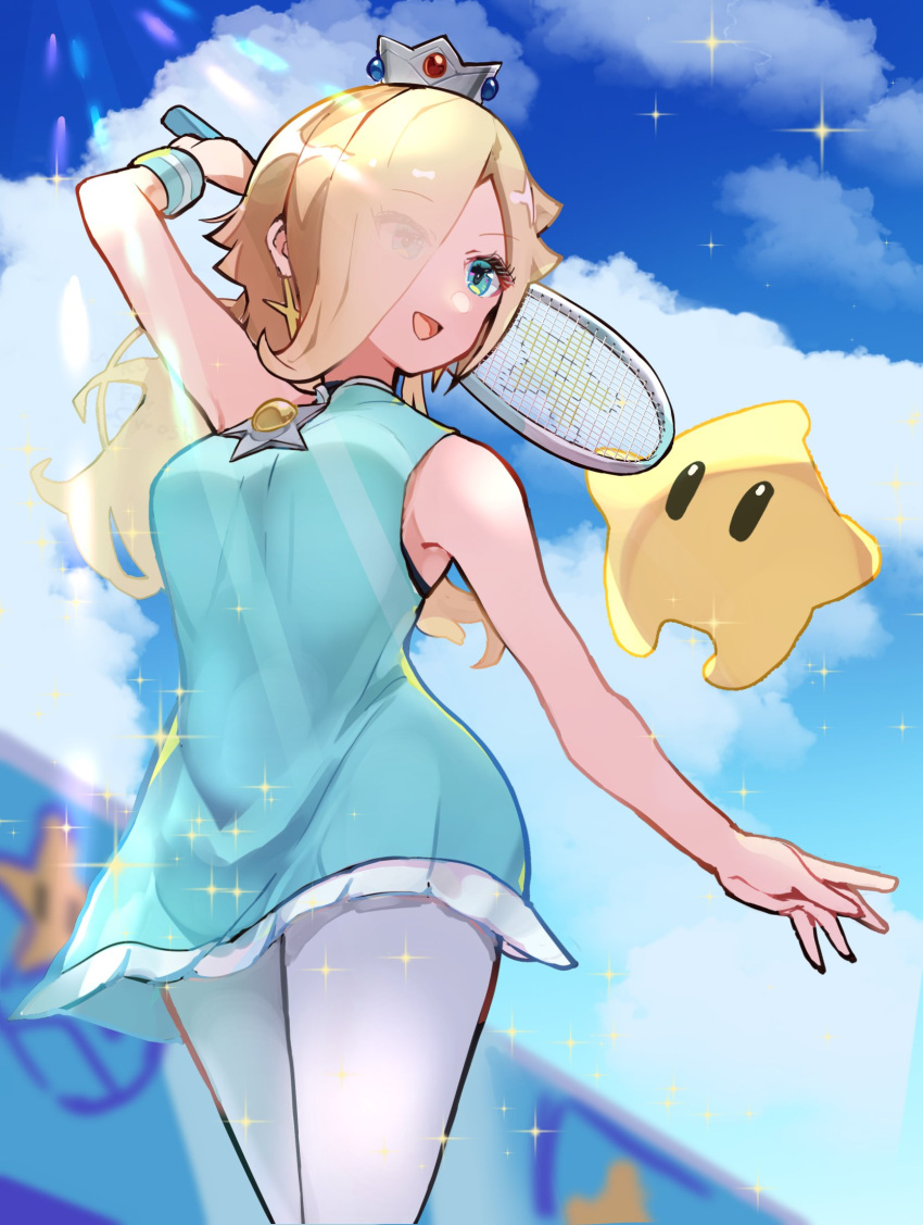 1girl :d bare_shoulders blonde_hair blue_dress blue_eyes blue_sky brooch clouds cloudy_sky crown dress earrings eyes_visible_through_hair hair_over_one_eye highres hirotaka_(hrtk990203) holding holding_racket jewelry long_hair luma_(mario) mario_tennis official_alternate_costume pantyhose racket rosalina sky sleeveless sleeveless_dress smile star_(symbol) star_earrings super_mario_bros. tennis_racket wristband