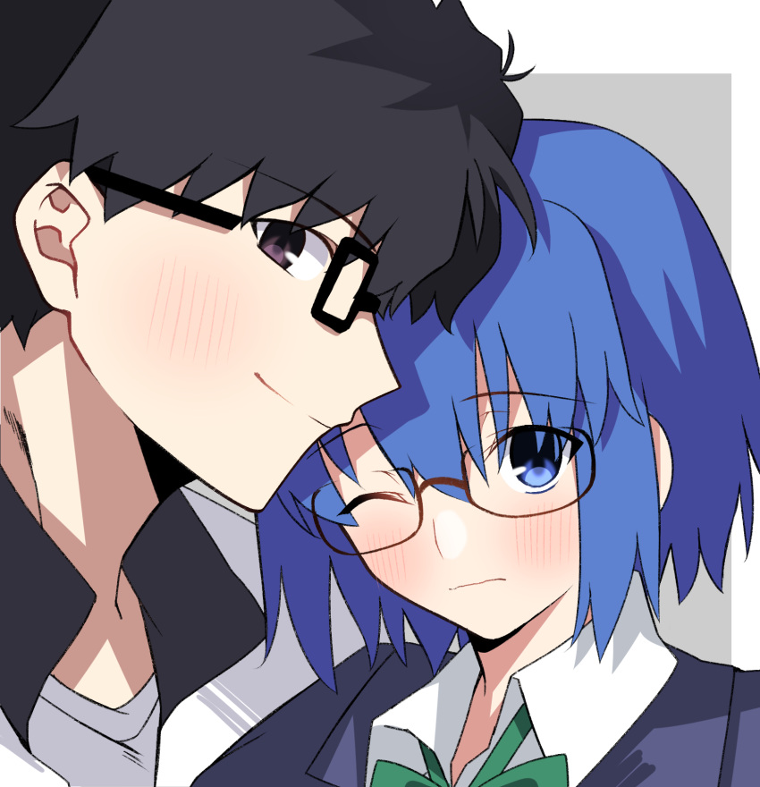 1boy 1girl bangs black-framed_eyewear black_eyes black_hair blue_eyes blue_hair blue_jacket blush bow bowtie ciel_(tsukihime) closed_mouth collared_shirt commentary_request exa_(koyuru) glasses green_bow grey_shirt hair_between_eyes highres jacket looking_at_viewer one_eye_closed portrait profile school_uniform shirt short_hair smile tohno_shiki tsukihime tsukihime_(remake) uniform wing_collar