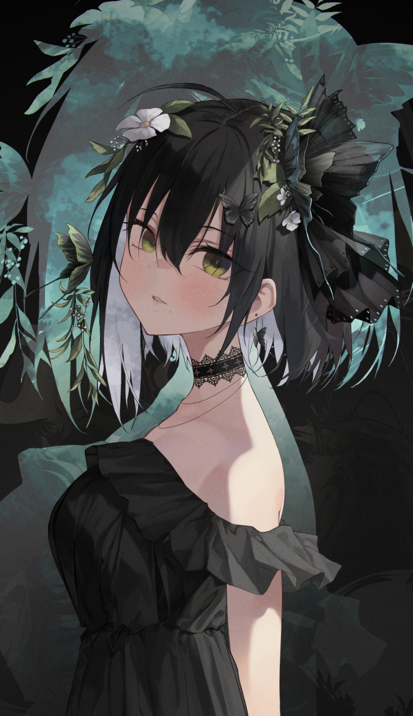 1girl ahoge arms_at_sides bangs black_dress black_hair butterfly_hair_ornament character_request copyright_request dark_background dress flower frilled_dress frills from_side green_eyes hair_flower hair_ornament highres light_blush looking_at_viewer parted_lips shadow short_hair smile solo soya_(torga) tree