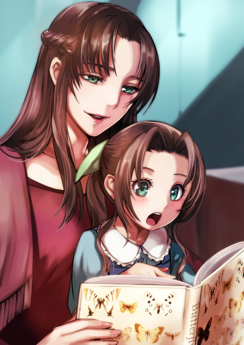 2girls aerith_gainsborough aqua_dress bangs book braid brown_hair bug butterfly dress female_child final_fantasy final_fantasy_vii final_fantasy_vii_remake green_eyes green_ribbon hair_ribbon halu-ca highres holding holding_book ifalna indoors long_hair looking_at_object mother_and_daughter multiple_girls open_mouth parted_bangs parted_lips pink_dress pink_shawl ponytail reading ribbon sailor_collar shawl sidelocks sitting sitting_on_lap sitting_on_person teeth upper_teeth