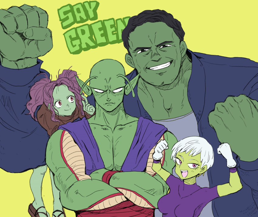 2boys 2girls antennae avengers_(series) bald black_hair blue_shirt bodysuit brown_shirt cheelai color_connection colored_skin crossed_arms dragon_ball dragon_ball_super dragon_ball_super_broly english_text gamora green_background green_skin guardians_of_the_galaxy height_difference highres hulk long_sleeves looking_at_viewer marvel marvel_cinematic_universe multiple_boys multiple_girls noppow piccolo pointy_ears purple_bodysuit purple_hair sandals shirt short_sleeves simple_background upper_body violet_eyes white_hair