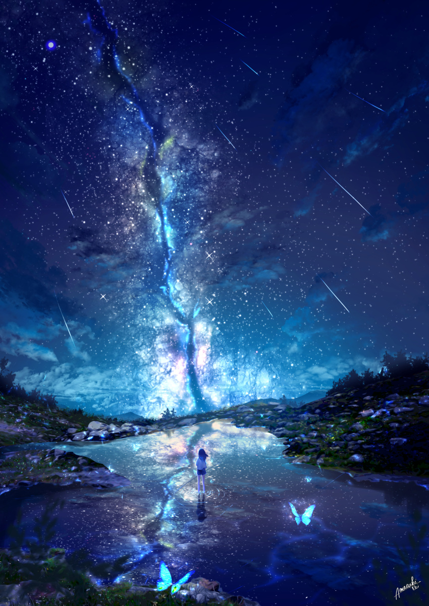 1girl amatsuki_rei bug butterfly fantasy from_behind highres meteor_shower night original reflection scenery sky solo star_(sky) star_(symbol) starry_sky walking walking_on_liquid water