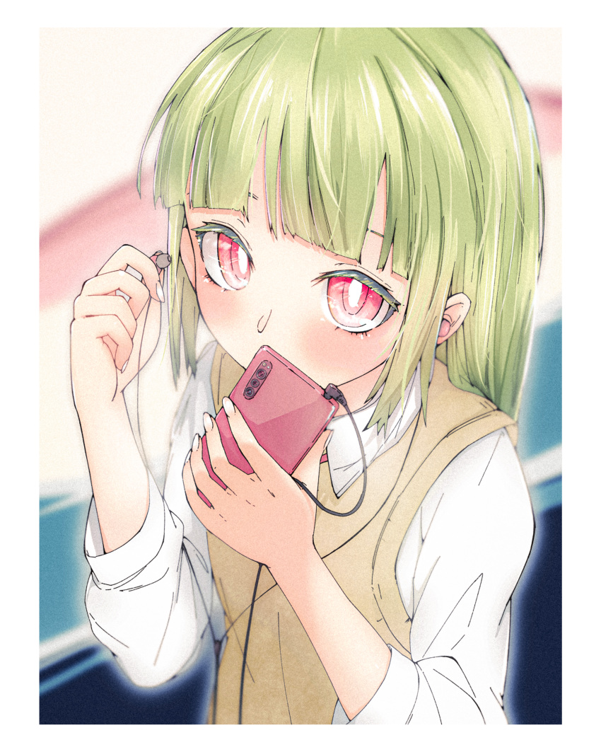 1girl absurdres bangs blunt_bangs blush border brown_sweater_vest cable cellphone collared_shirt commentary_request covered_mouth earphones green_hair gumi_(guminghc) hands_up highres holding holding_earphones holding_phone long_hair looking_at_viewer multiple_sources neck_ribbon original phone red_eyes red_ribbon ribbon shirt smartphone solo sweater_vest upper_body white_border white_shirt