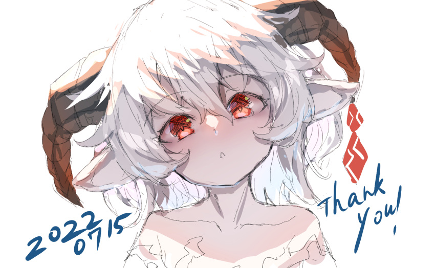 1girl animal_ears bangs cola commentary_request dated hair_between_eyes head_tilt highres horns looking_at_viewer original parted_lips red_eyes simple_background solo thank_you upper_body white_background white_hair yuuji_(yukimimi)
