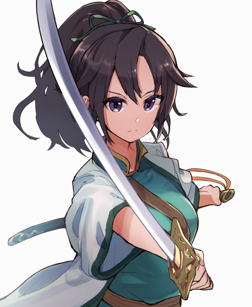 1girl bangs black_hair dress fir_(fire_emblem) fire_emblem fire_emblem:_the_binding_blade hair_ribbon highres hirotaka_(hrtk990203) holding holding_sheath holding_sword holding_weapon jacket long_hair open_clothes open_jacket ponytail ribbon sheath simple_background solo sword upper_body violet_eyes weapon white_background