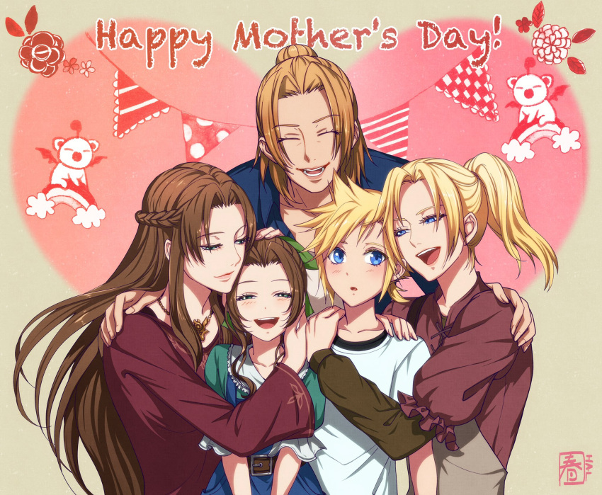 1boy 4girls aerith_gainsborough apron arm_around_shoulder bangs belt blonde_hair blue_eyes blue_overalls blue_shirt blush braid brown_hair claudia_strife closed_eyes cloud_strife dress elmyra_gainsborough final_fantasy final_fantasy_vii final_fantasy_vii_remake green_dress green_eyes green_ribbon hair_bun halu-ca hand_on_another's_head highres ifalna jewelry long_hair long_sleeves low_ponytail lower_teeth mature_female moogle mother's_day mother_and_daughter mother_and_son multiple_girls necklace open_mouth overalls parted_bangs parted_lips pink_dress ponytail puffy_short_sleeves puffy_sleeves ribbon shirt short_hair short_sleeves sidelocks smile straight_hair teeth upper_body upper_teeth wavy_hair white_shirt