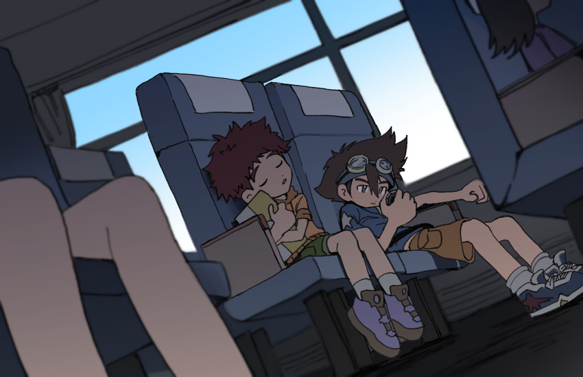 1other 2boys absurdres blue_shirt brown_hair brown_shorts child closed_mouth digimon digimon_adventure digivice expressionless goggles goggles_on_head hair_between_eyes highres holding izumi_koushirou multiple_boys object_hug shirt shoes short_hair short_sleeves shorts sitting tantanmen train_interior yagami_taichi