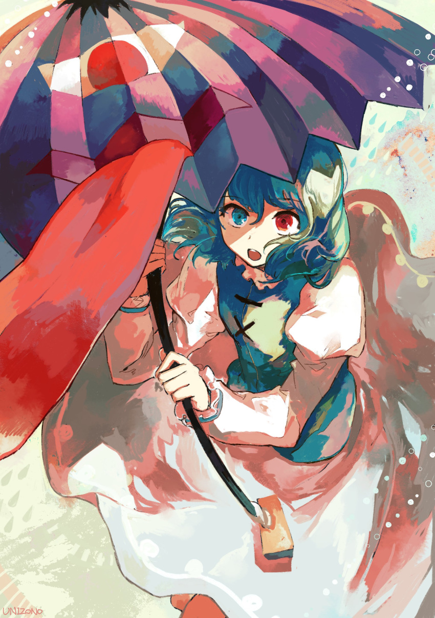 1girl absurdres bangs blue_eyes blue_hair blue_vest commentary_request cowboy_shot frilled_sleeves frills heterochromia highres holding holding_umbrella juliet_sleeves karakasa_obake long_sleeves looking_at_viewer medium_hair open_mouth puffy_sleeves red_eyes shirt signature skirt solo tatara_kogasa tongue touhou umbrella uninosono vest white_shirt white_skirt