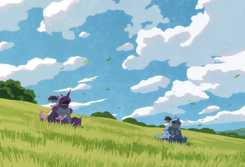 blue_sky claws closed_eyes closed_mouth clouds day fangs grass highres horns hyogonosuke leaf nidoking nidoqueen no_humans open_mouth outdoors pokemon pokemon_(creature) single_horn sitting sky sleeping sleeping_upright solo spikes tail